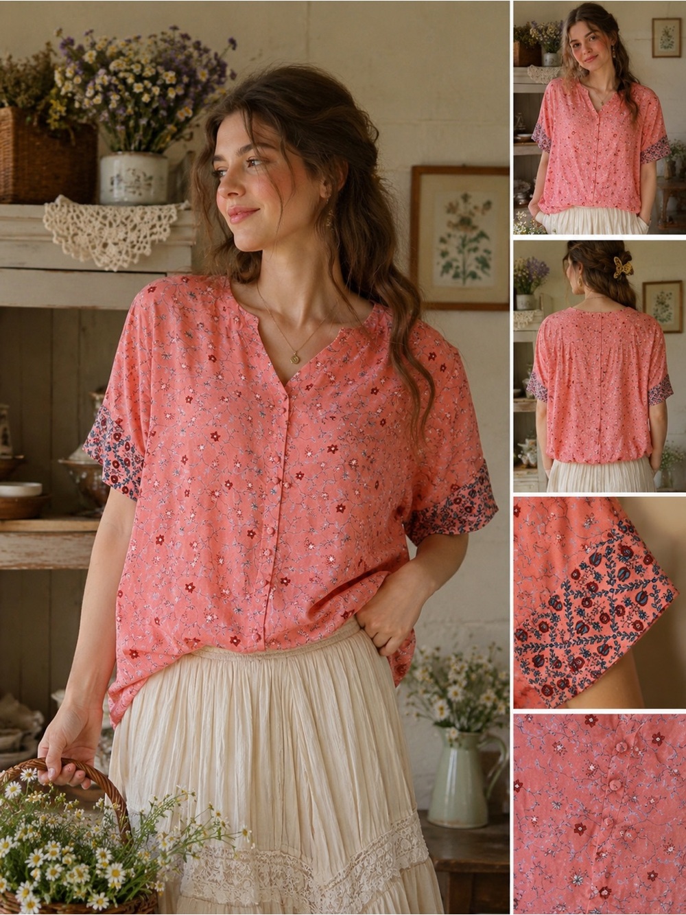 Vintage New Frontier Coral Pink Floral Rayon Blouse XL Cottagecore Boho USA Made
